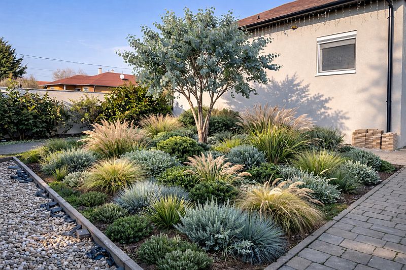 AI-generált kerti látványterv kör alakú kiültetéssel, díszfákkal és gyeppel.